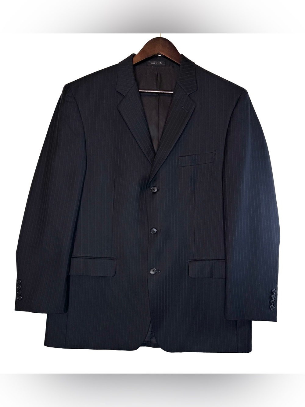 Joseph Abboud suit blazer jacket black pinstripe measures size 44R wool Party